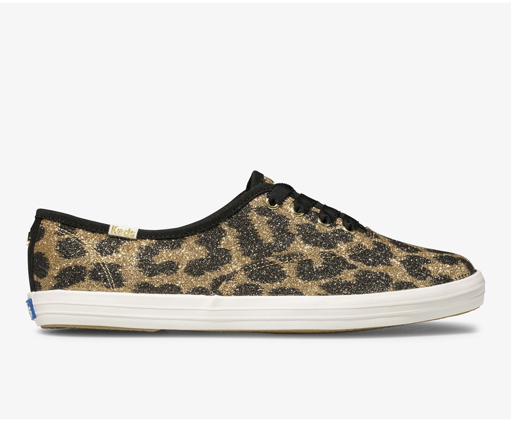 Womens Keds Sneakers - Kate Spade new york Champion Glitter Leopard - Brown - 5169-DVMRW